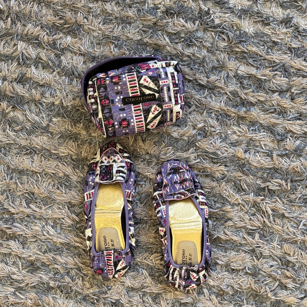 Cocorose London Purple Patterned Slip-On Foldable Flats Matching Pouch 36 EU